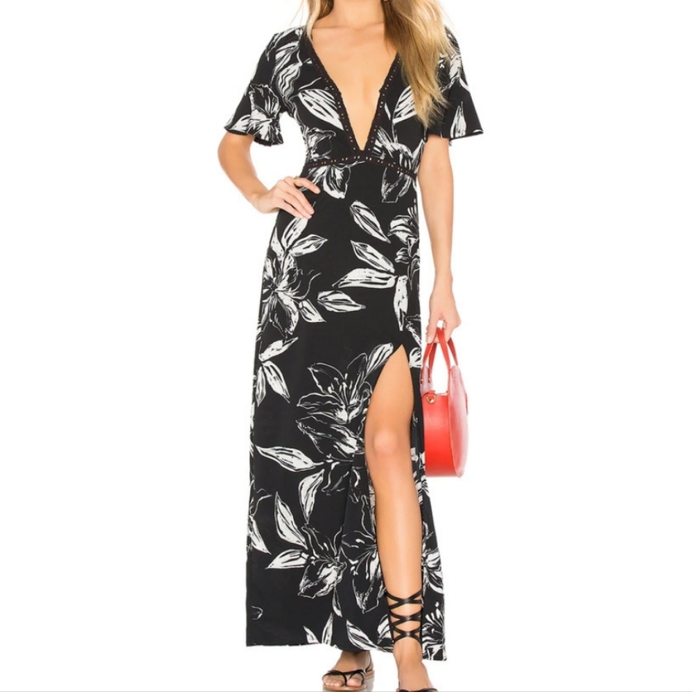 Revolve Amuse Society Seaside Floral V Neck High Slit Front Maxi Black Medium